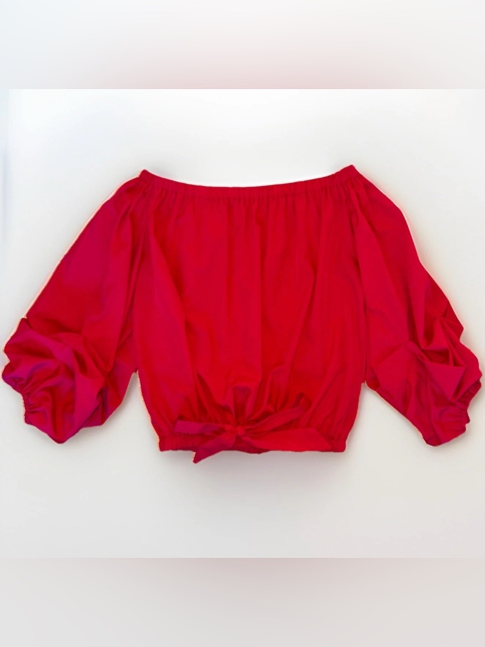 Women Sz S Red Off Shoulder Ruched Sleeves Dark Red Elastic Waistbelt Crop Shirt